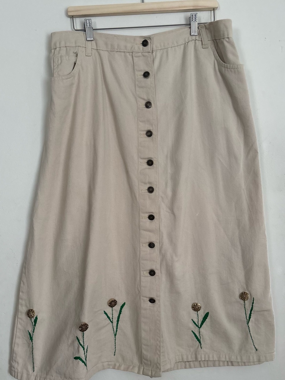 Vintage 90s Cottage-core Teacher Embroidered Button-Front Midi Skirt – Size 18w